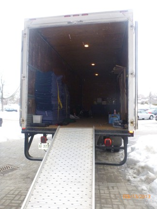 View of the back of a moving truck